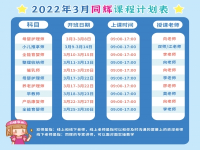 同輝家政2022年3月份培訓課程計劃表